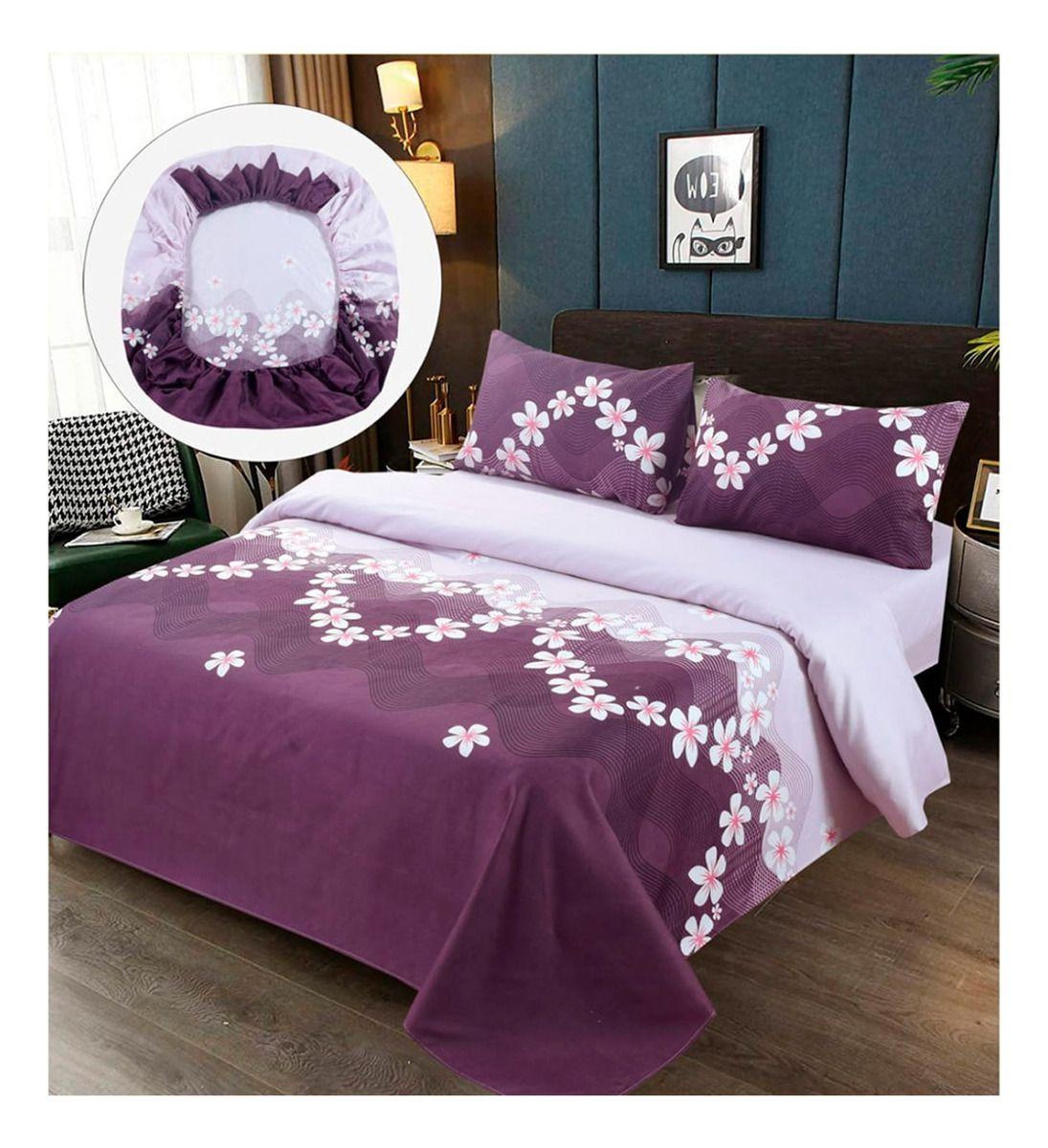 Sabanas Premium 100% Algodón 2.5 Plazas King Morado Flores-0