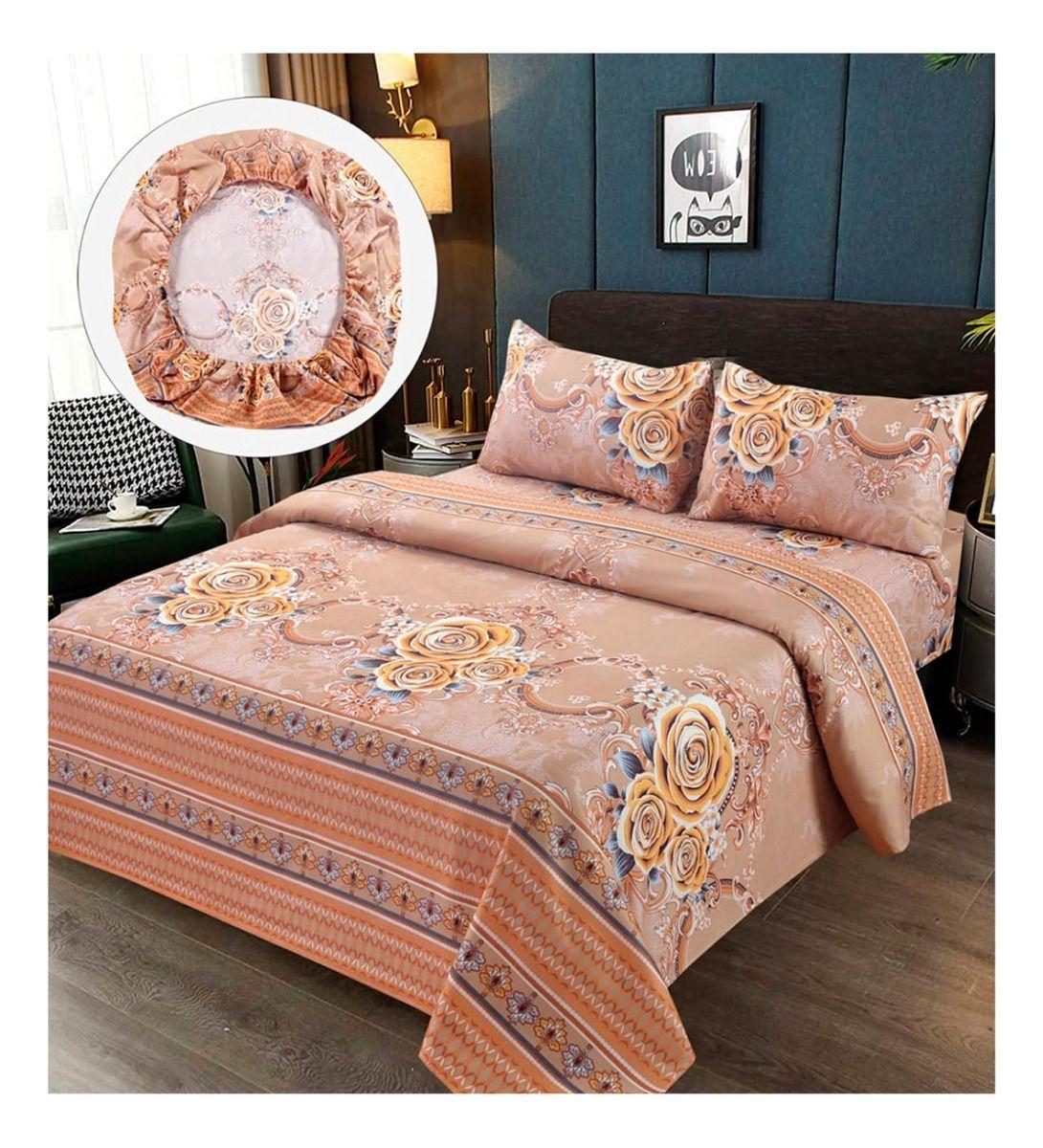 Sabanas Premium 100% Algodón 2.5 Plaza King Naranja Flor-0