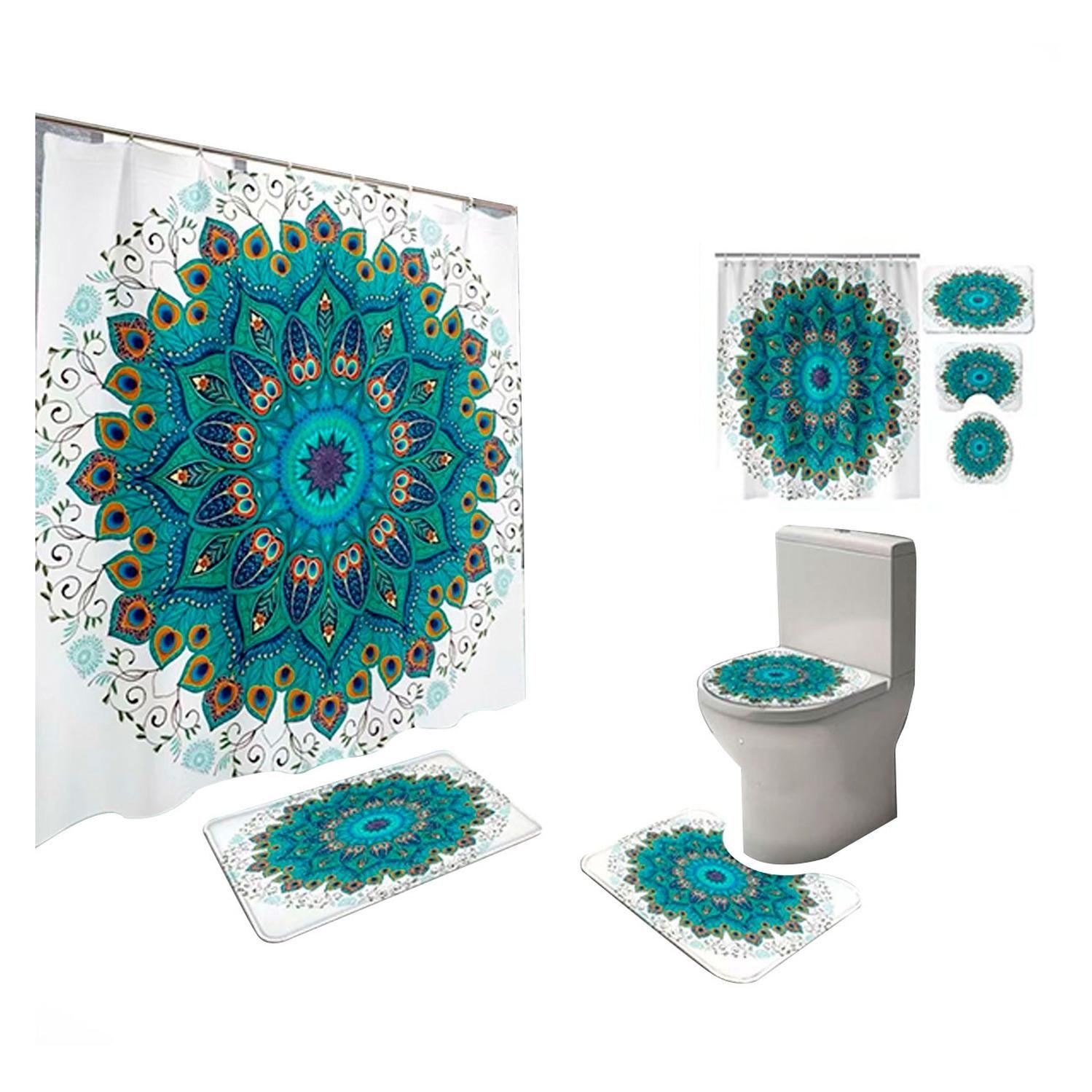 Cortina De Ducha + Set De Alfombra + Tapete Baño Plumas Pavo Real-0