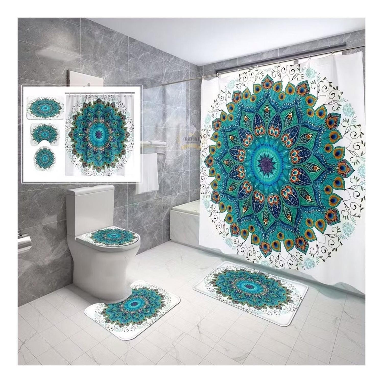 Cortina De Ducha + Set De Alfombra + Tapete Baño Plumas Pavo Real-1
