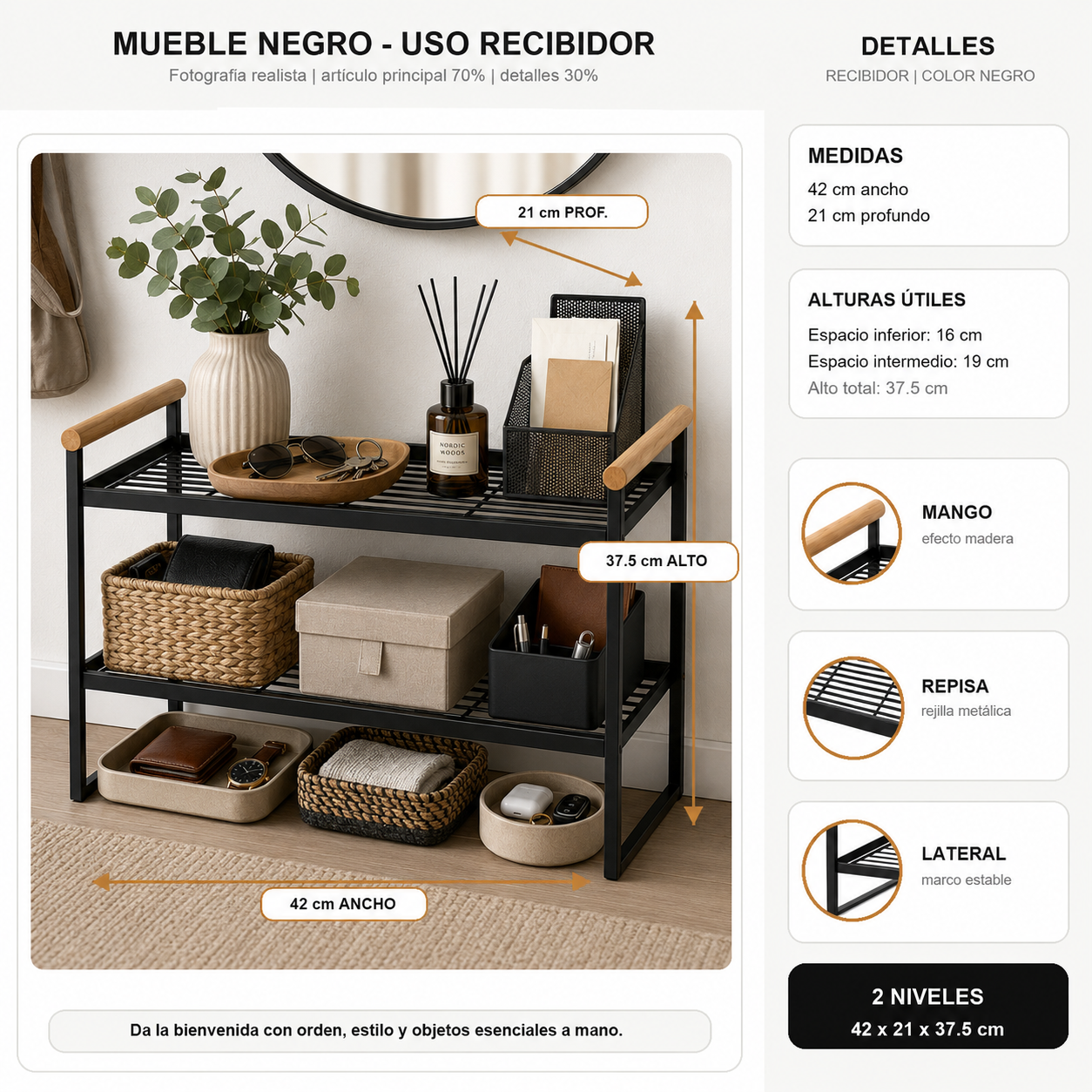 Organizador de Pasillos 2 niveles Metalico Negro 125-0