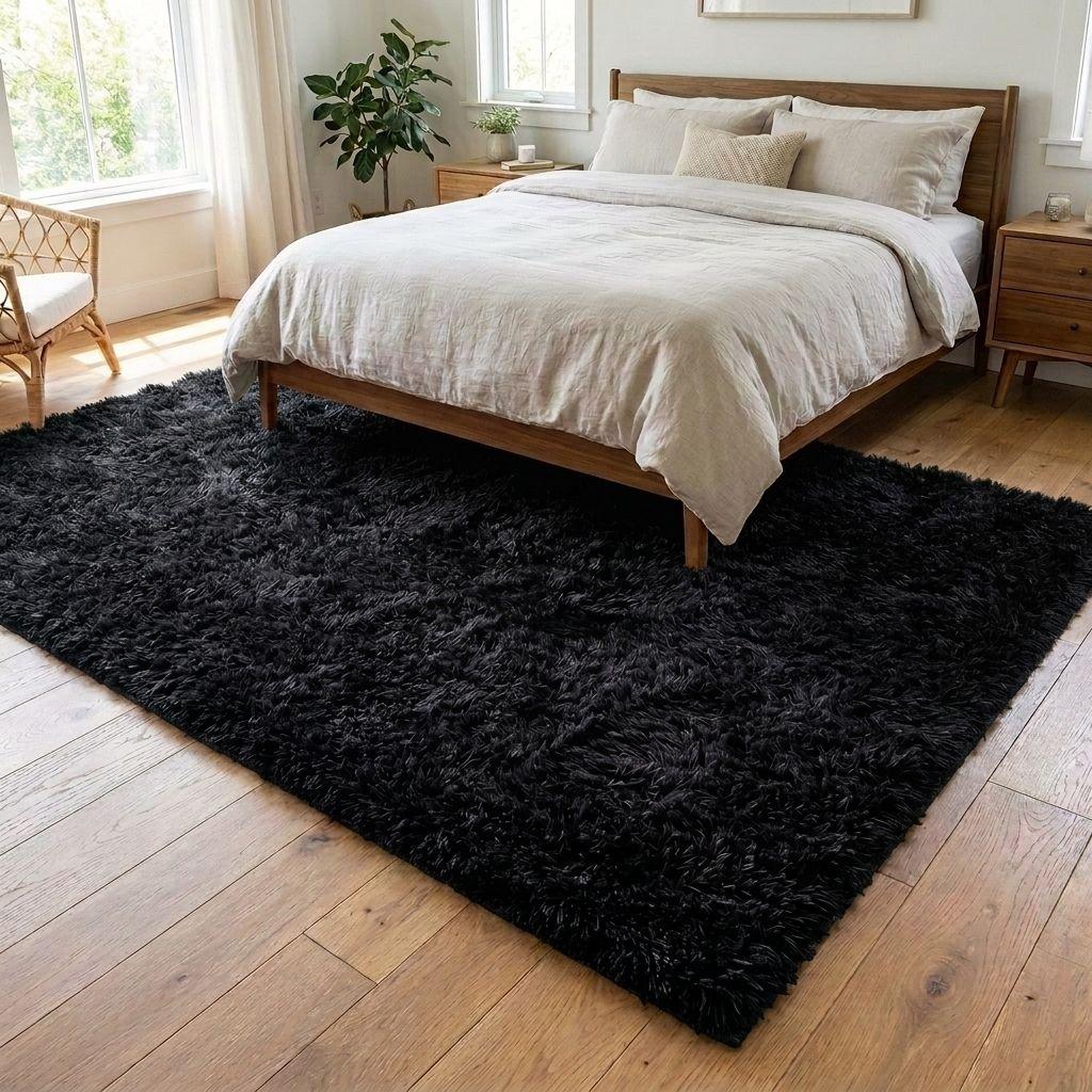 Alfombra Shaggy peluda Color Negro 150x200 026 Calidad Premium-3
