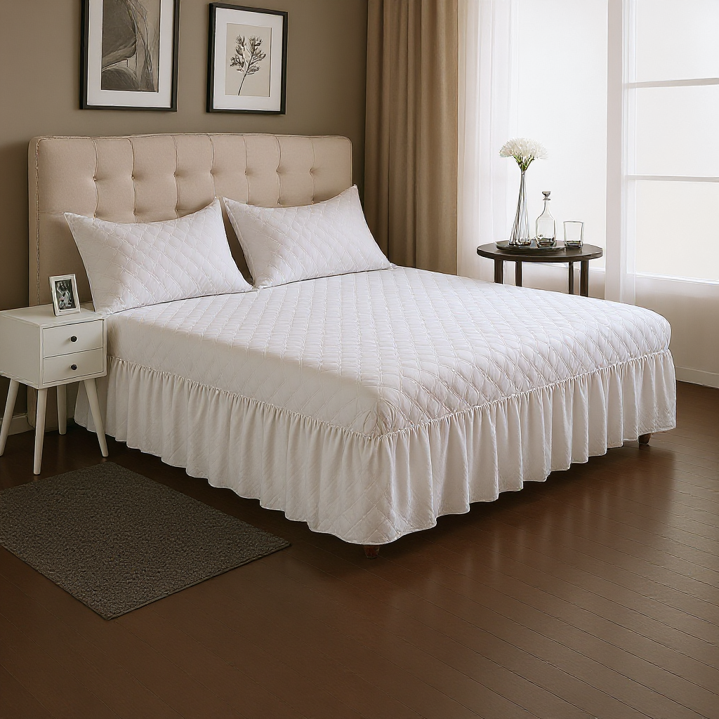 Faldón Cama Doble 2 Plazas Acolchado + 2 Fundas Blanco-2