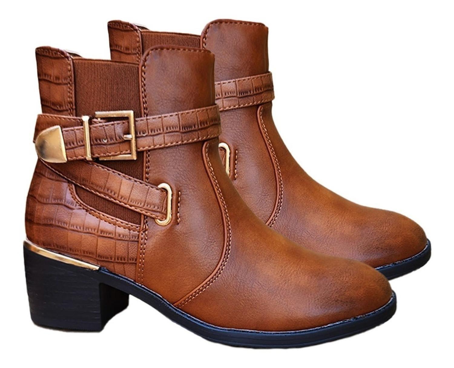 Botin Media Caña Cuero Pu Mujer Casual Otoño Invierno Camel - 7137-2