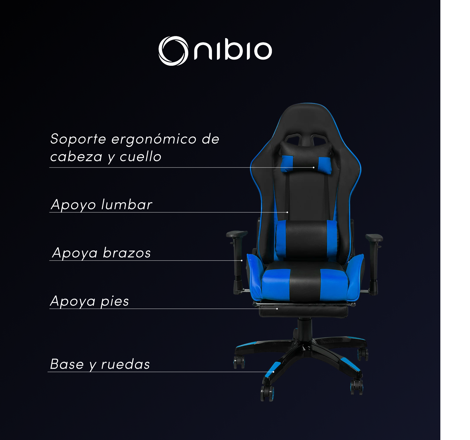 Silla Gamer Nibio Gc181 Reclinable 180° Apoya Pies Brazos Azul-2
