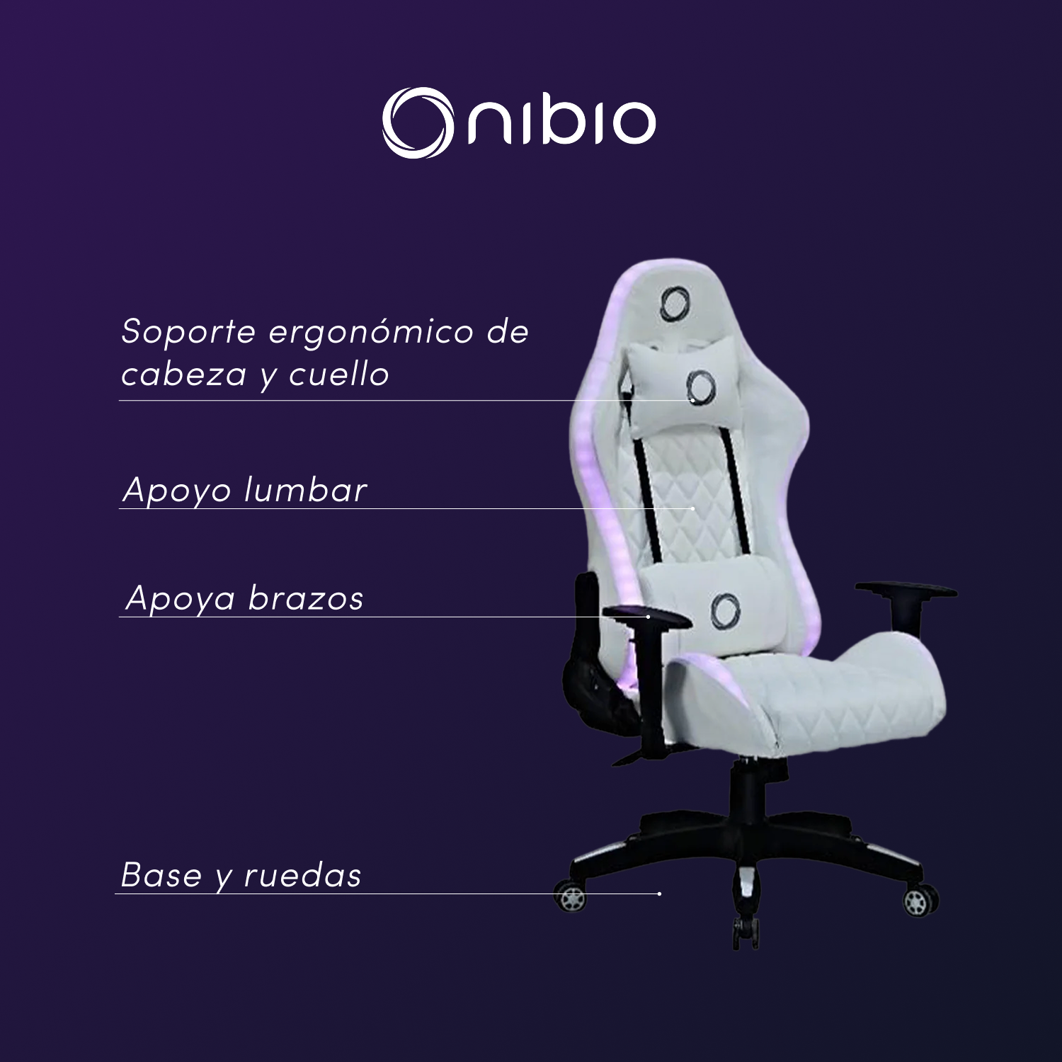 Silla Gamer Nibio Pro RGB con Control Remoto Apoyabrazos 2D Reclinable Blanca-2