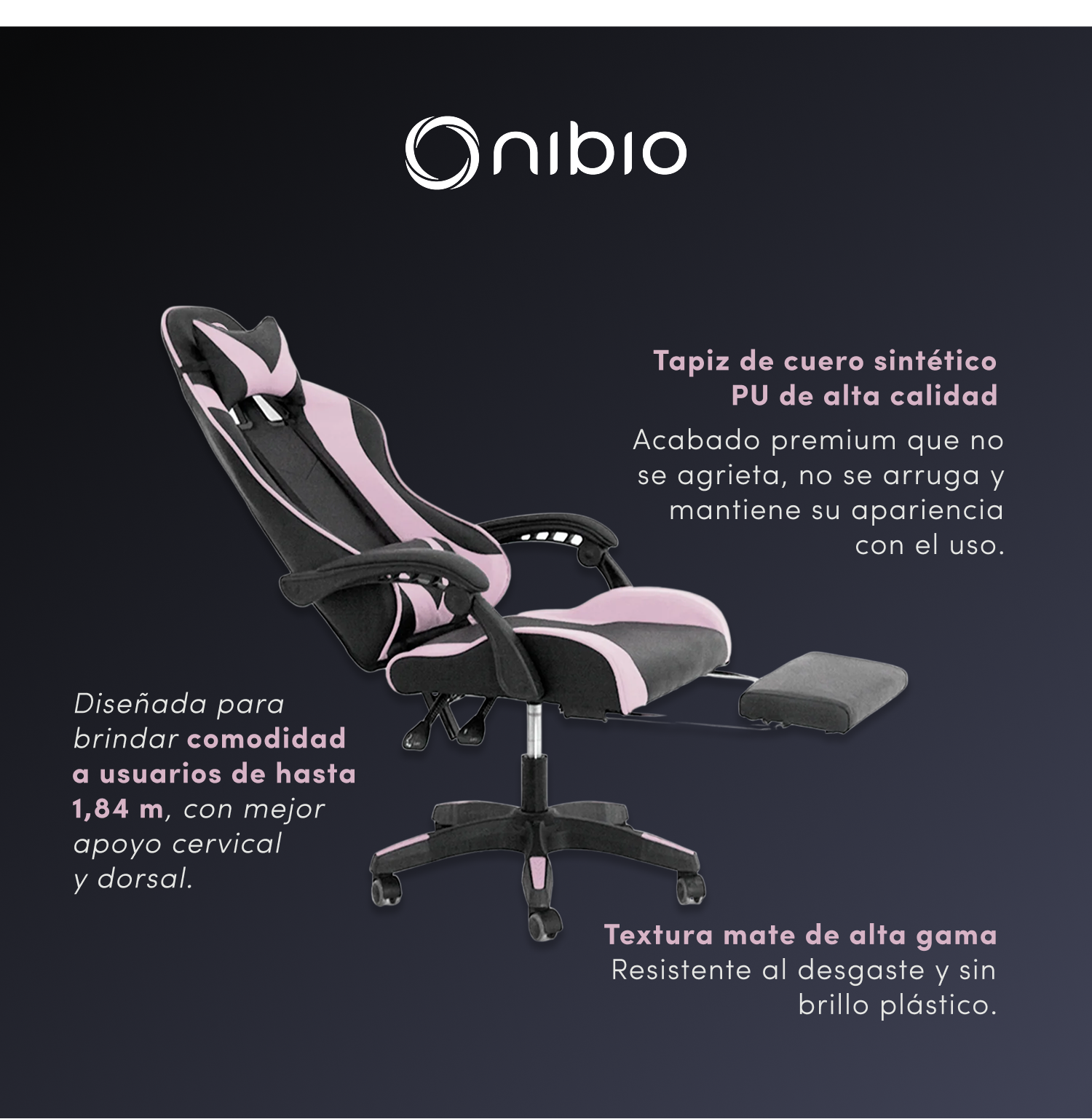 Silla Gamer Nibio GC035 Reclinable 160° Apoya Pies Rosa-2