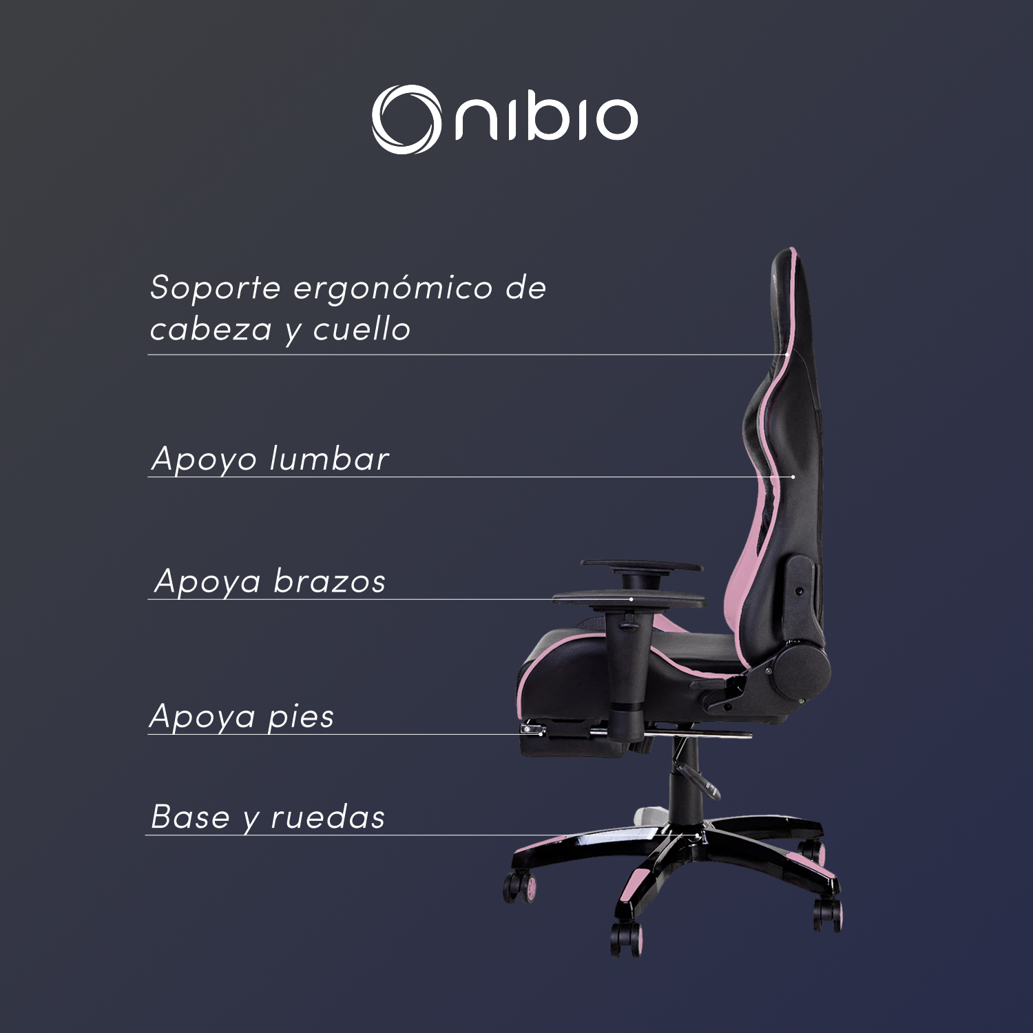 Silla Gamer Nibio Destroyer Reclinable 180° Apoyapies Cuero PU Rosa-2