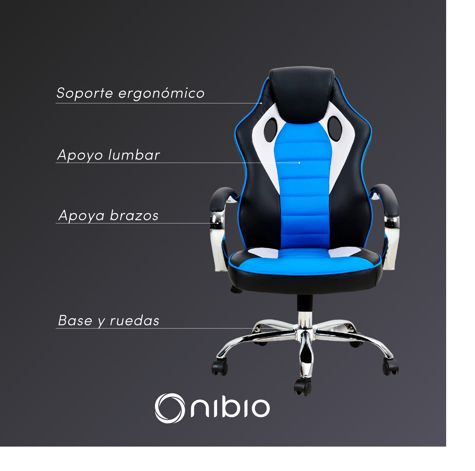 Silla Gamer Nibio Rookie Reclincable Cuero PU Azul-2