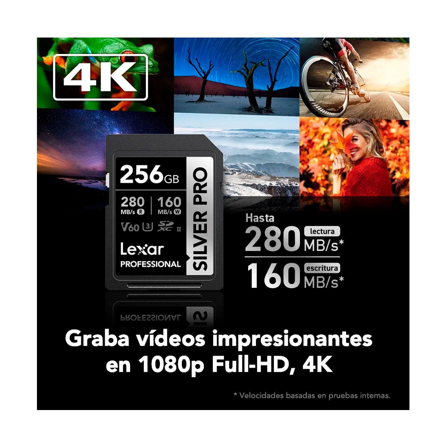 Tarjeta de Memoria Lexar 256GB SDXC UHS-II 280/160MBS V60 4K Silver Pro-2