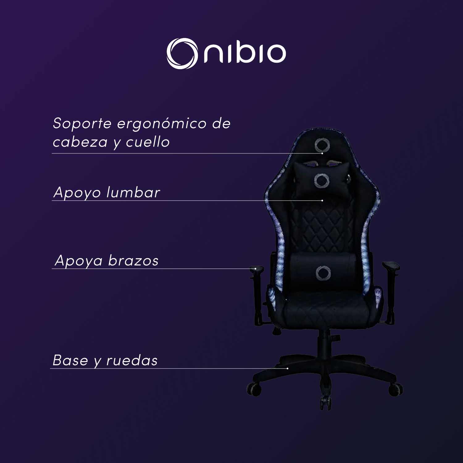 Silla Gamer Nibio Pro RGB con Control Remoto Apoyabrazos 2D Reclinable Negra-2