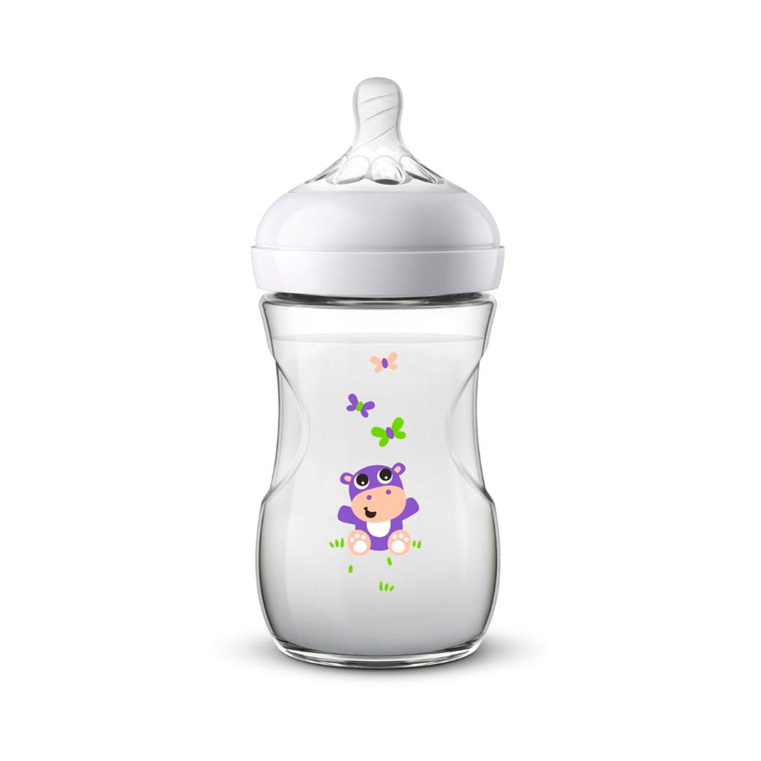 Mamadera Avent Natural Hipopótamo 260ml Tetina flujo lento 1m+-0