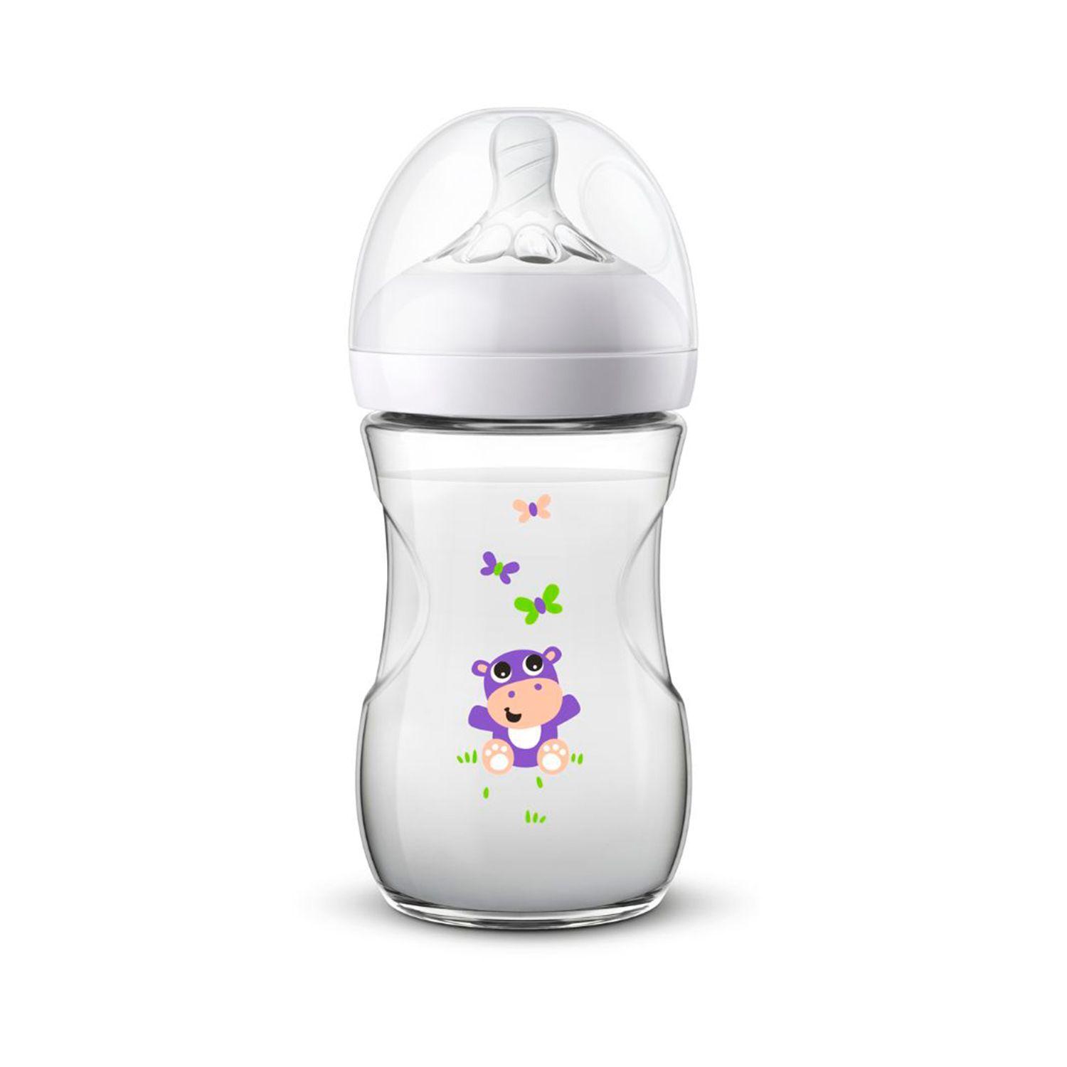 Mamadera Avent Natural Hipopótamo 260ml Tetina flujo lento 1m+-1