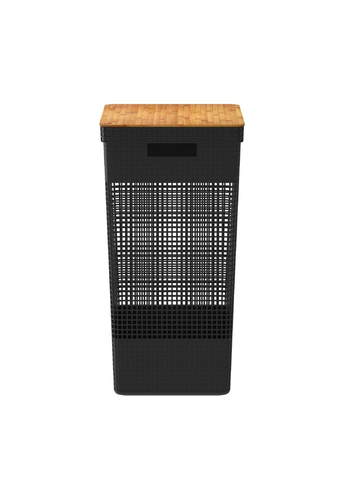 Cesta de Ropa Grid Con Tapa De Bambú 49 L Negro-2