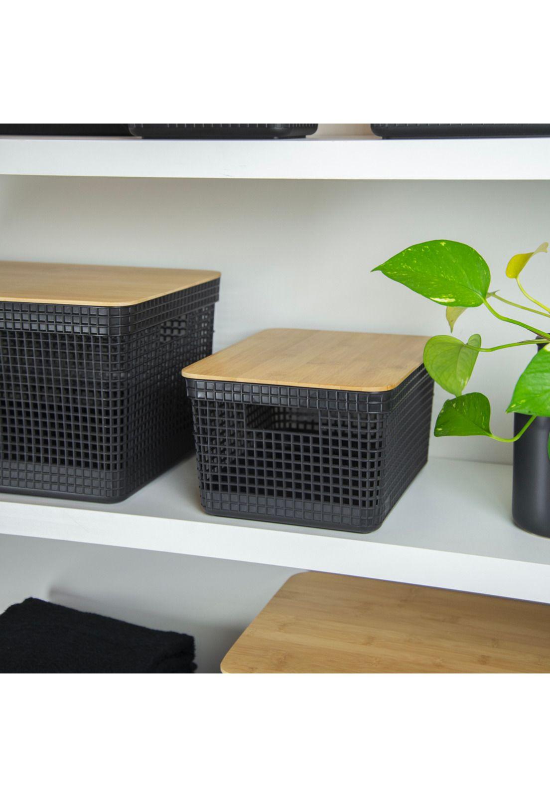 Cesta Organizadora Grid Con Tapa De Bambú 8 L Negro-2