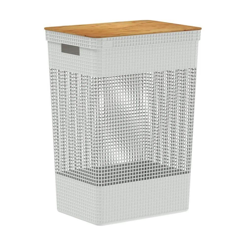 Cesta de Ropa Grid Con Tapa De Bambú 49 L Blanco Océano-0