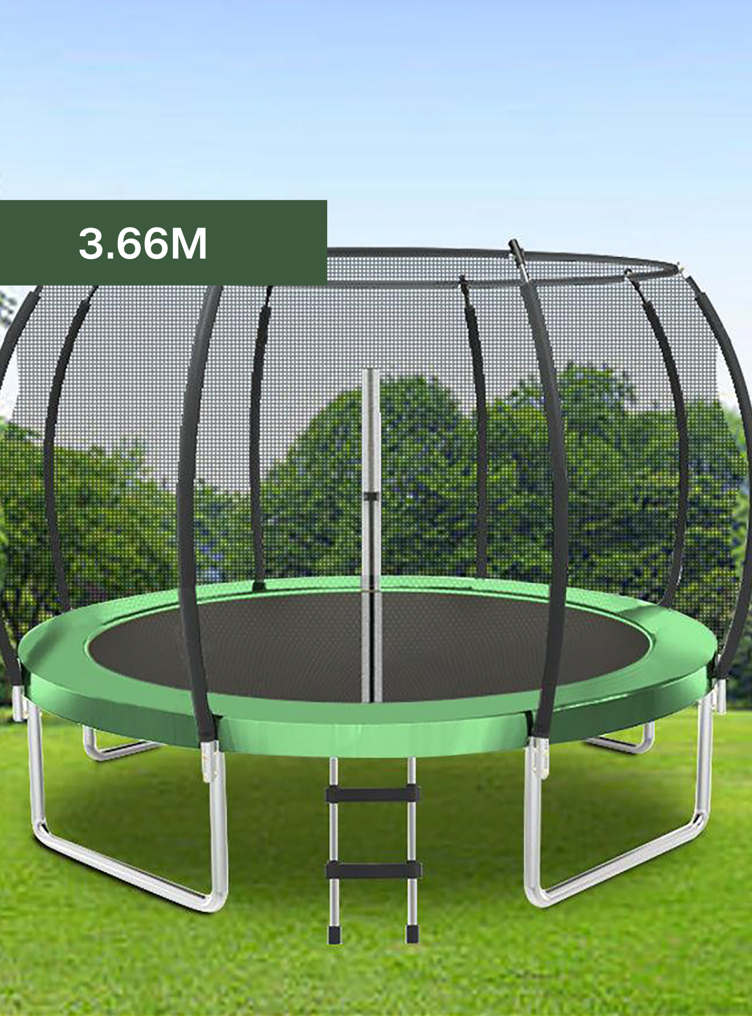 Cama Elastica con malla y Escalera 3.66 mt Verde PWRFitness-1