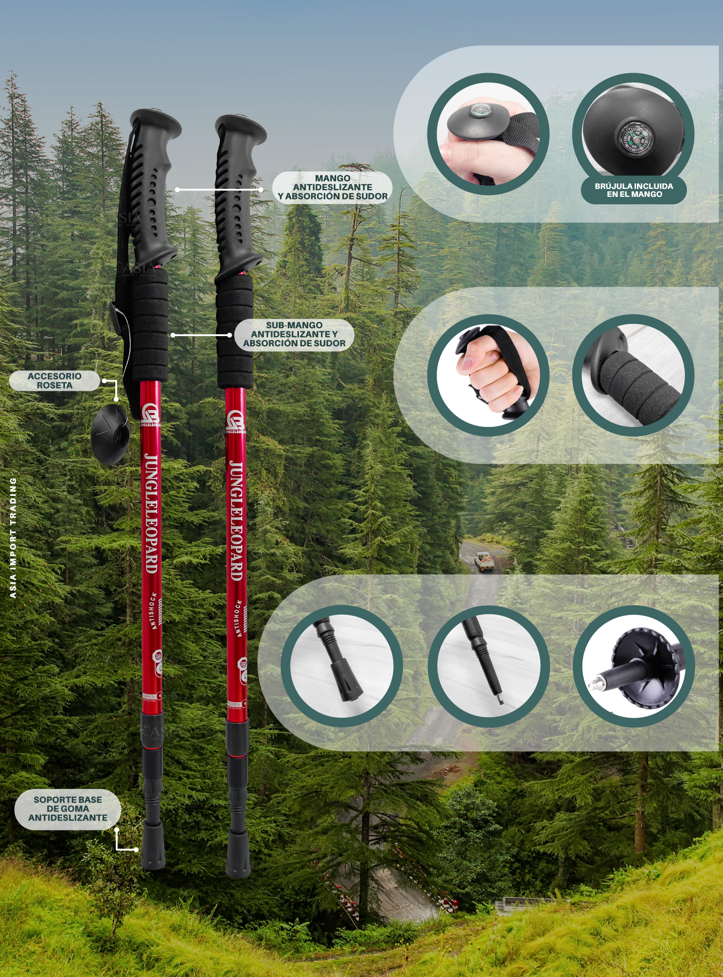 Pack de 2 Bastones Trekking Antishock Rojo-2