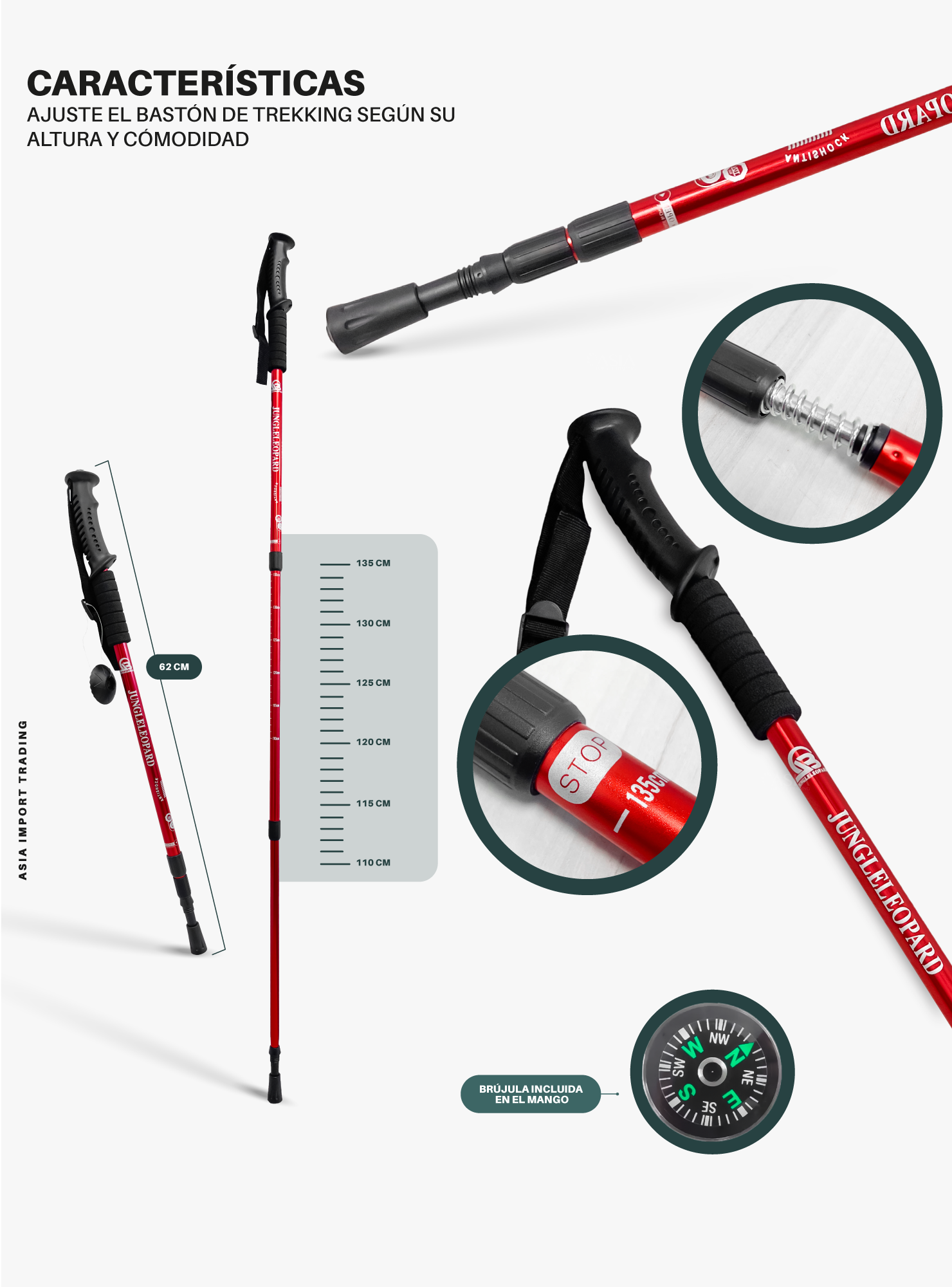 Pack de 2 Bastones Trekking Antishock Rojo-3