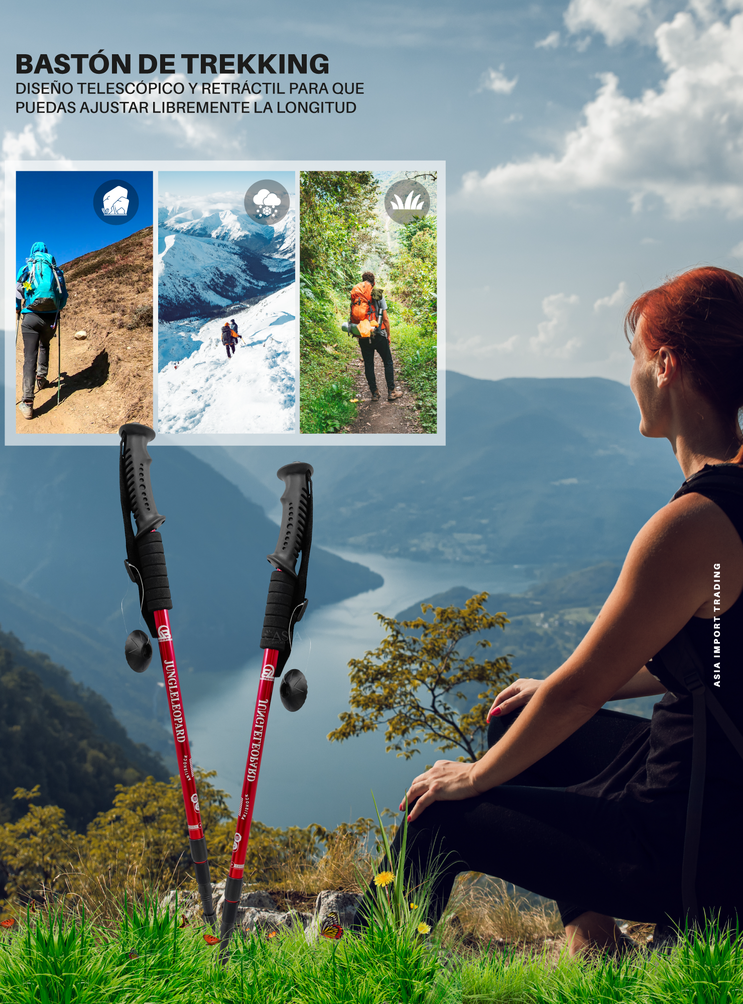 Baston de Trekking Antishock Rojo-1