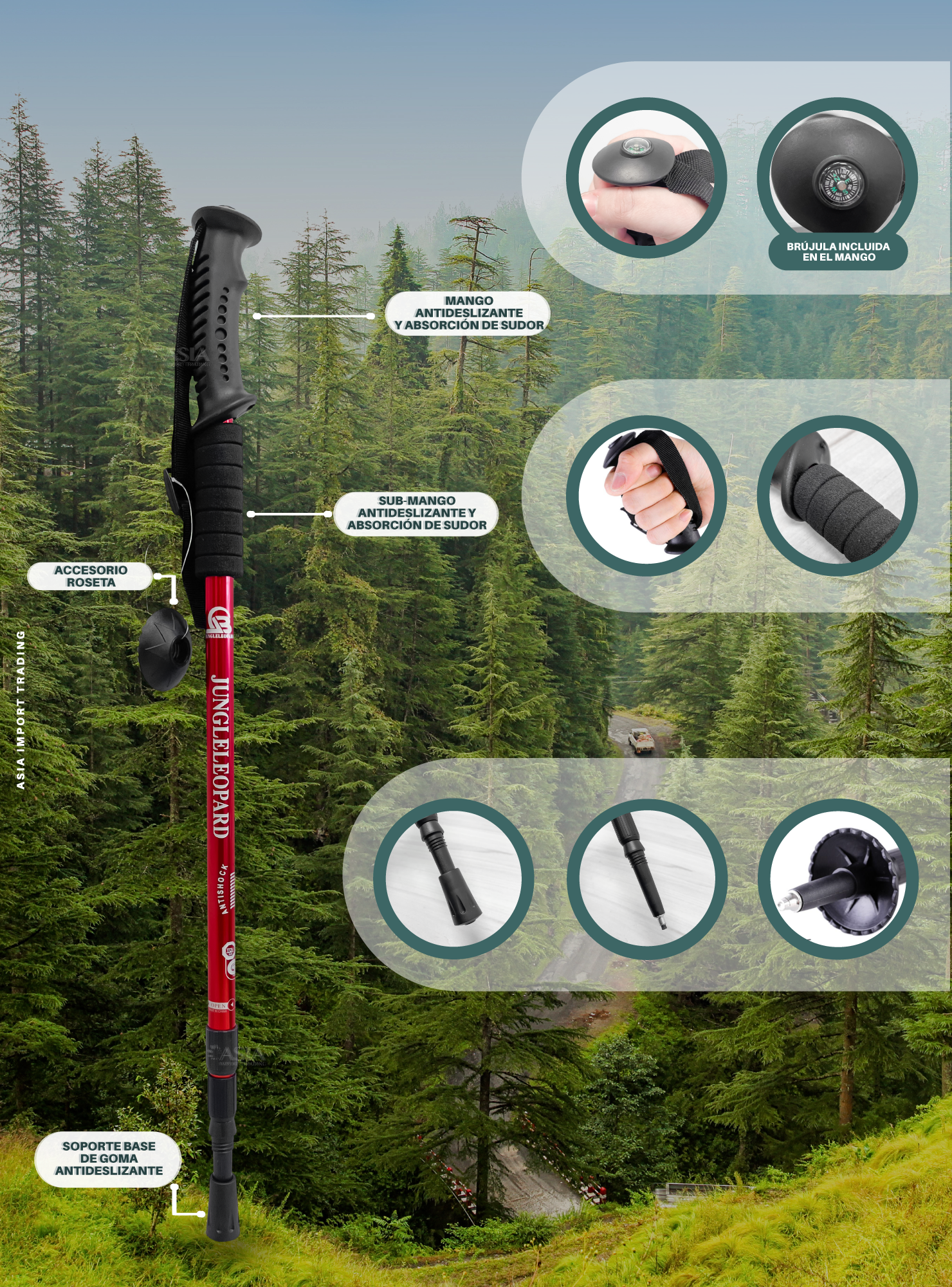 Baston de Trekking Antishock Rojo-2