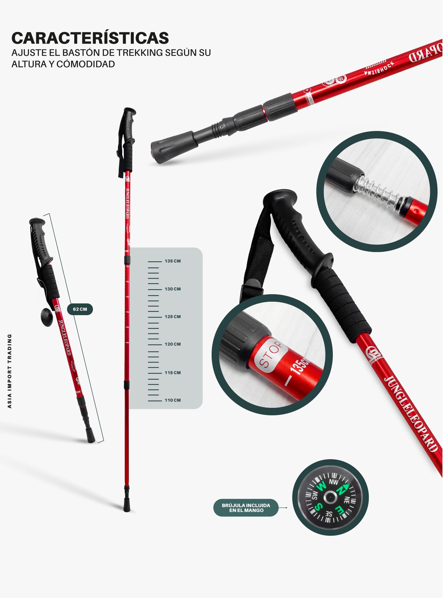 Baston de Trekking Antishock Rojo-3