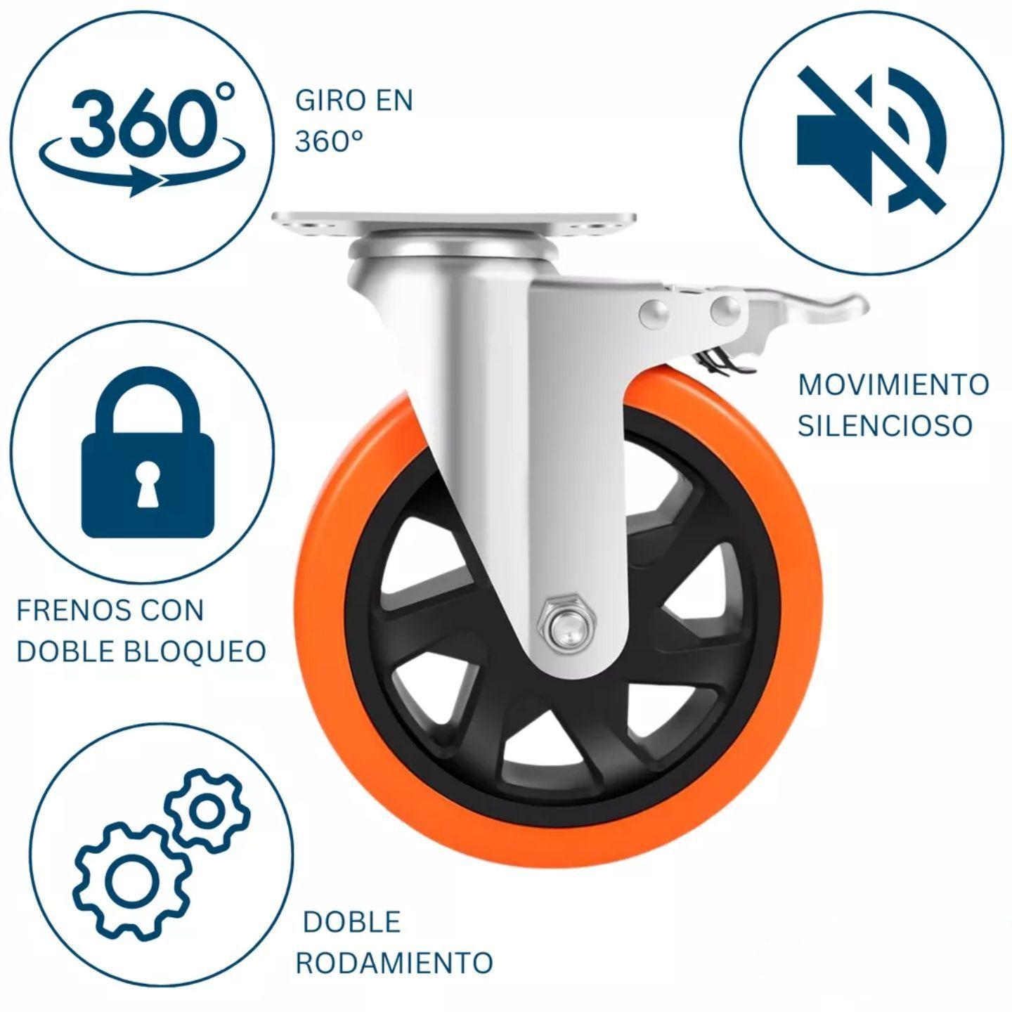 Ruedas Giratorias Con Freno Para Muebles Carritos 4 Pulgadas Naranjas 4 Unidades Dicas-3