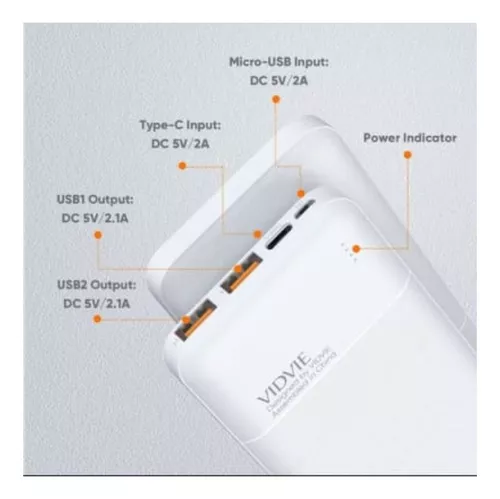 Cargador Portátil Power Bank Batería Externa 20000mah Vidvie Color Blanco-4