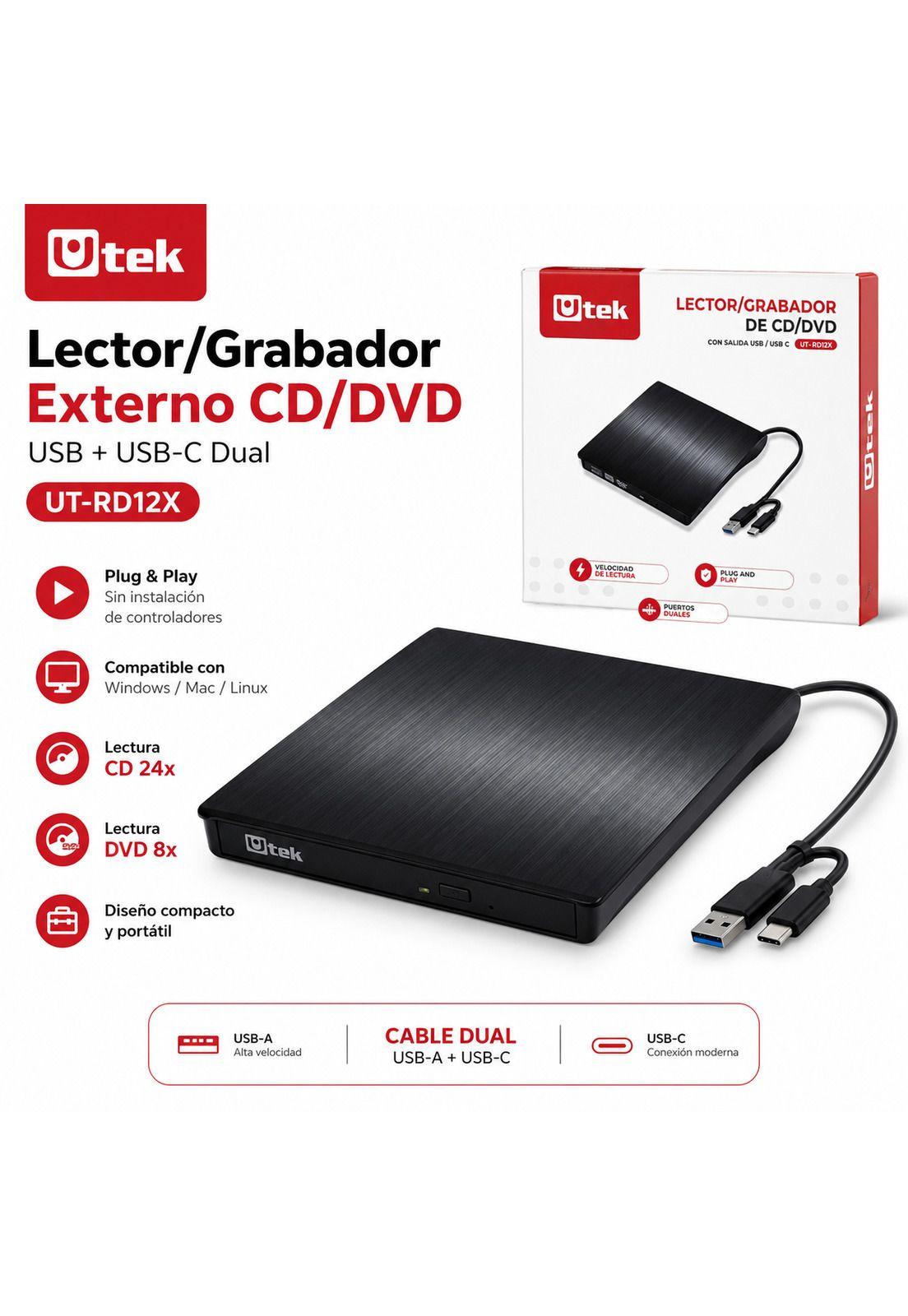 Grabador y Lector Externo de CD/DVD Dual USB / USB-C RD12X-5