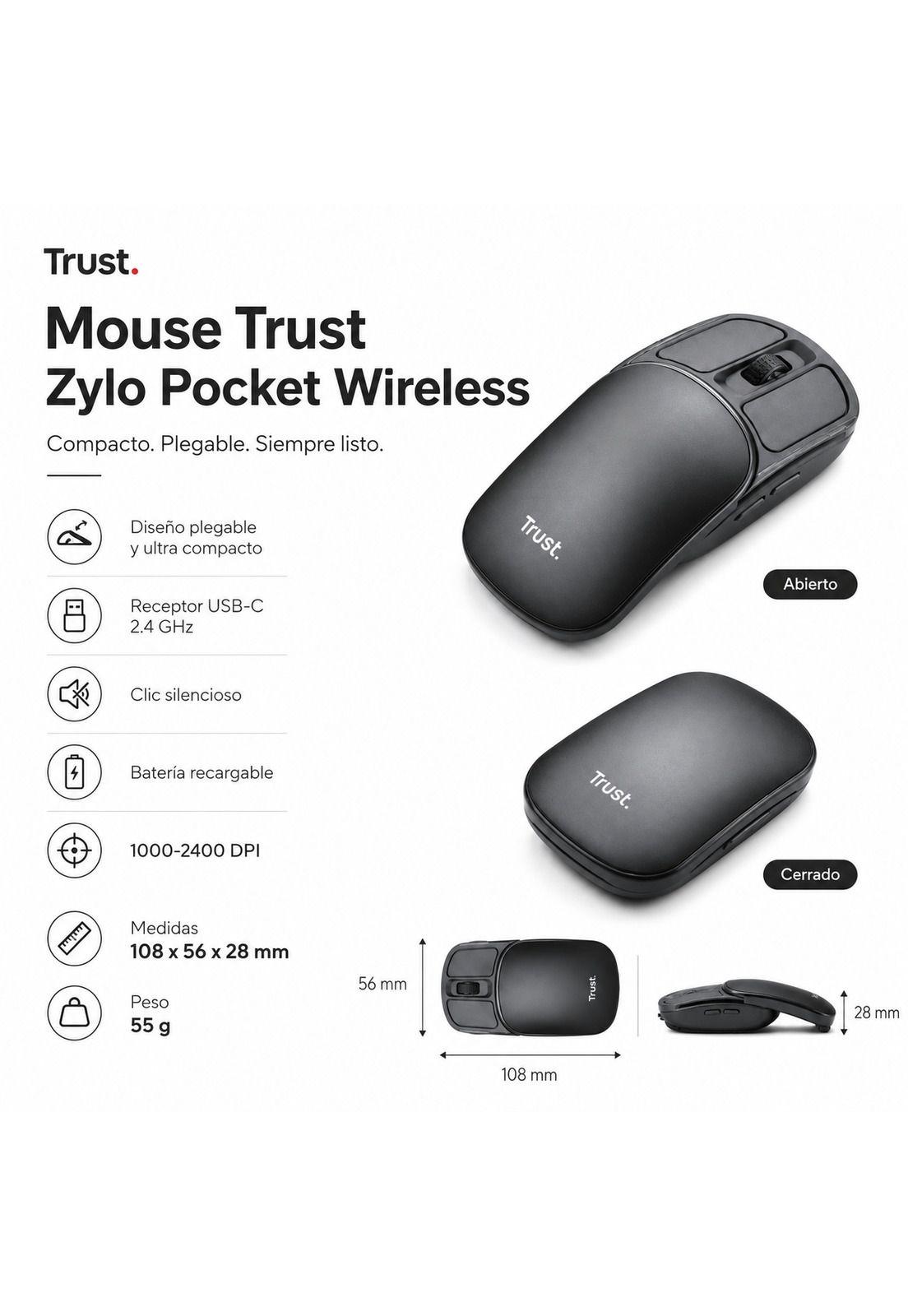 Mouse Inalámbrico Trust Zylo Plegable Ultra Compacto USB-C 2G-6