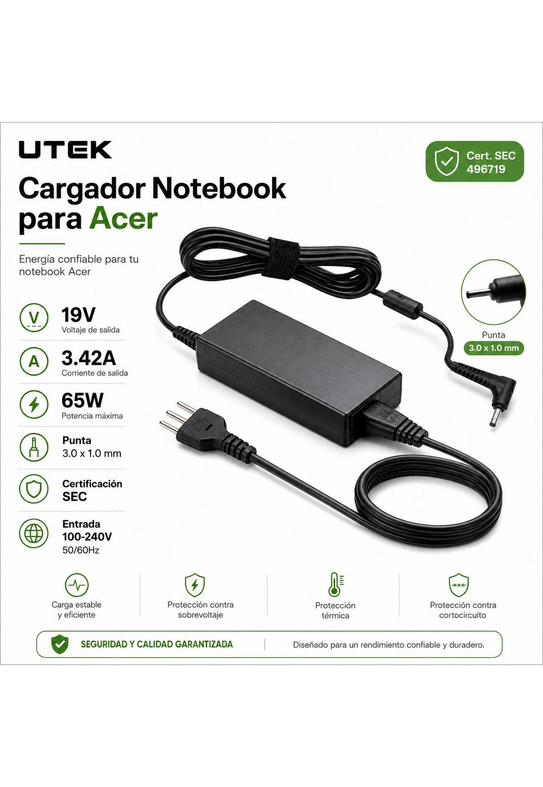Cargador Notebook Para Acer 19V 3.42A 65W 3.0*1.0mm CERT SEC-4