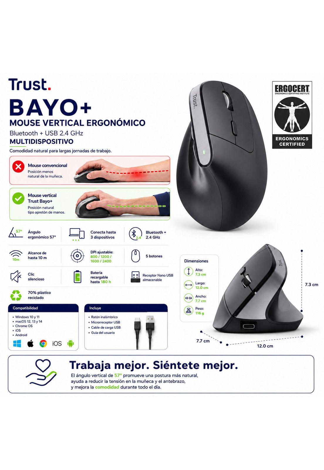 Mouse Inalámbrico Vertical Ergonómico Bayo+ Bluetooth / USB-7