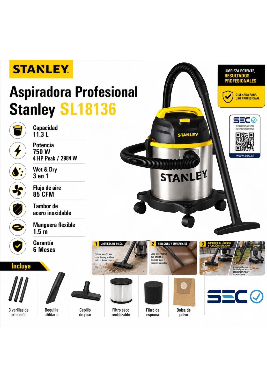 Aspiradora Profesional Stanley Inoxidable 11LT SL18136 750W-5