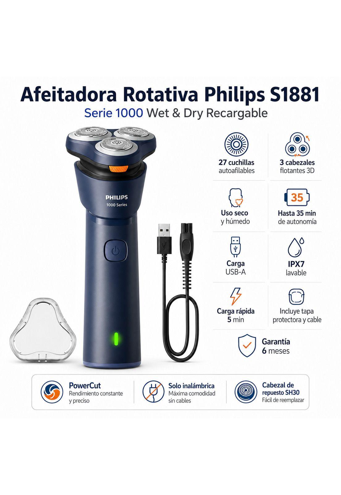Afeitadora Autoafilable Philips Wet&Dry Recargable USB s1881-5