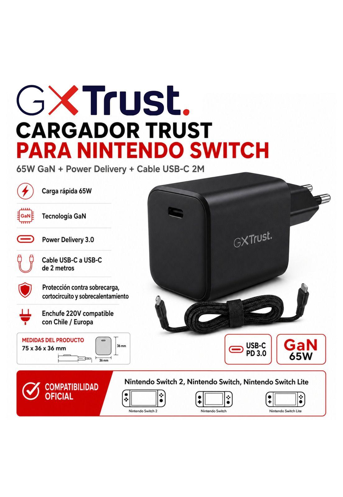 Cargador Trust para Nintendo Switch 65W Cable USB-C 2MT-7