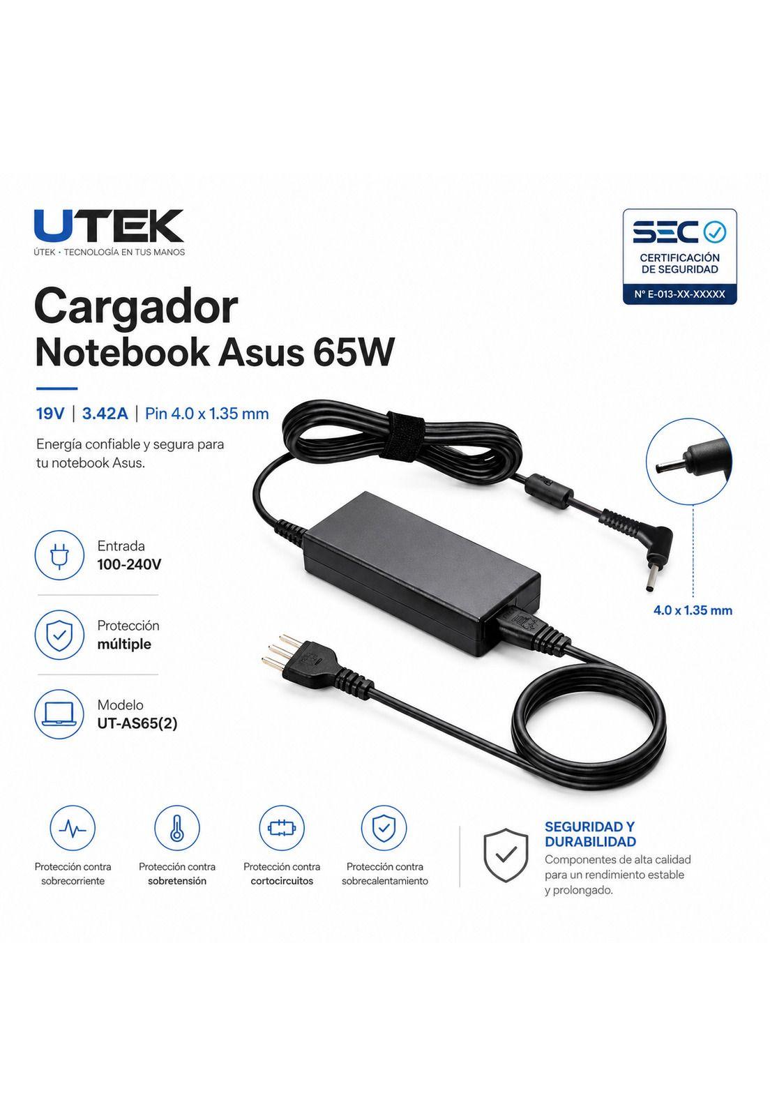 Cargador Notebook Para Asus 19V 3.42A PIN 4.0*1.35mm 65W SEC UT-AS65(2)-5