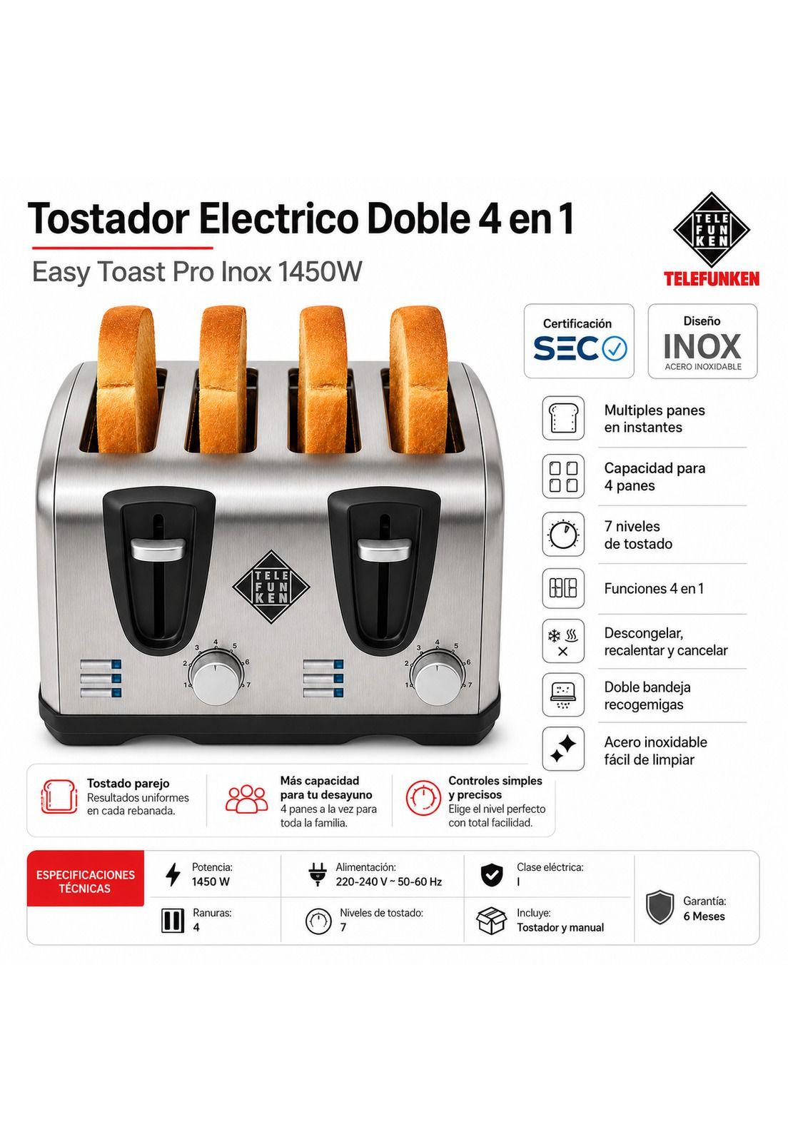Tostador Eléctrico Doble  (4en1) Easy Toast Pro Inox 1450W-6