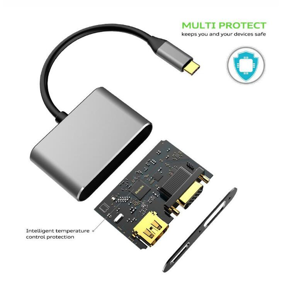 Hub Adaptador 4 en 1 Type-C a HDMI 4K + VGA + USB 3.0+ USB C-12