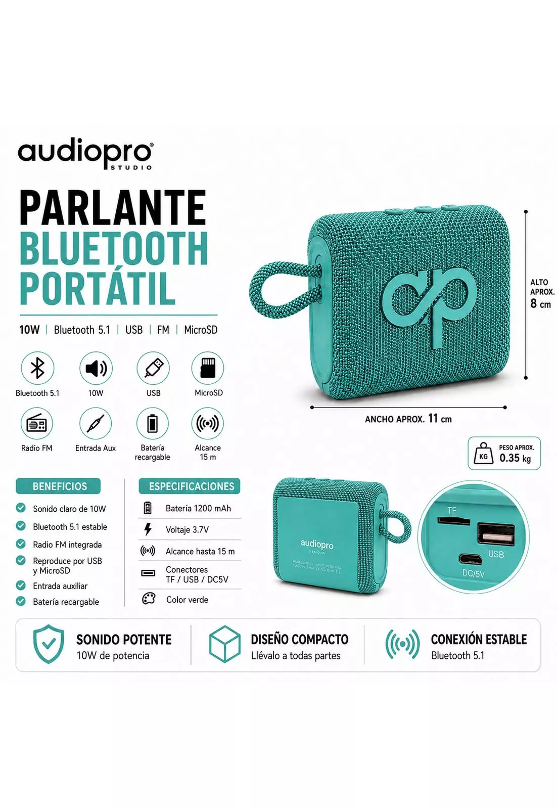 Parlante Portátil Bluetooth Sound GO 10W USB-FM-MicroSD Verde-8