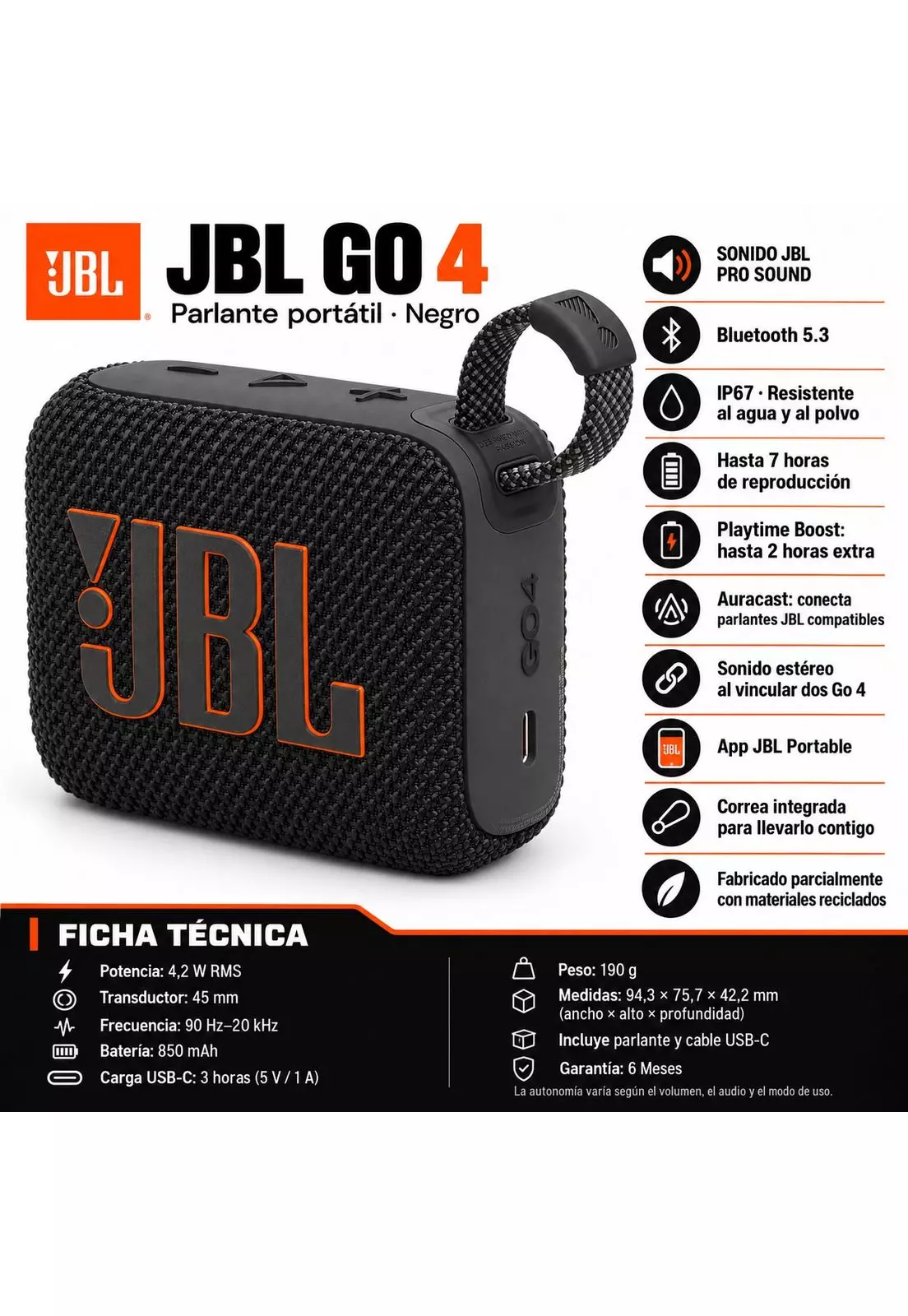 Parlante Portátil JBL GO 4 Black Bluetooth 5 Waterproof IP67-7
