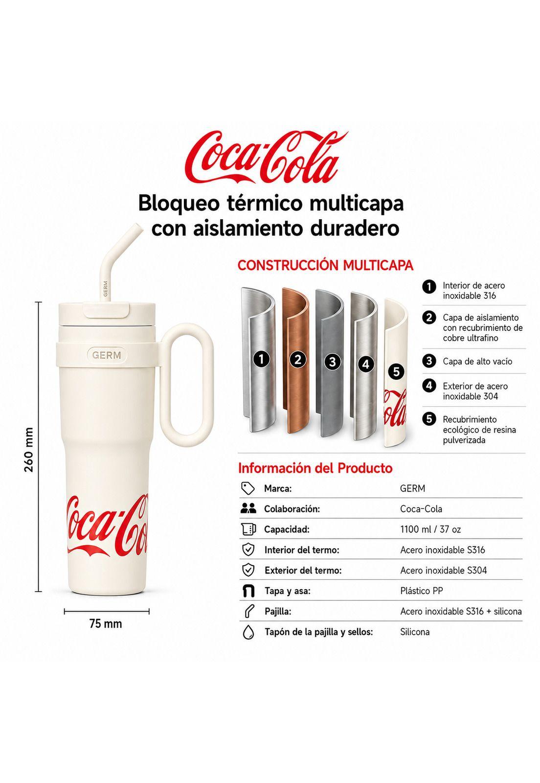 Vaso Térmico GERM Coca-Cola 1100ML White Acero Inoxidable-5