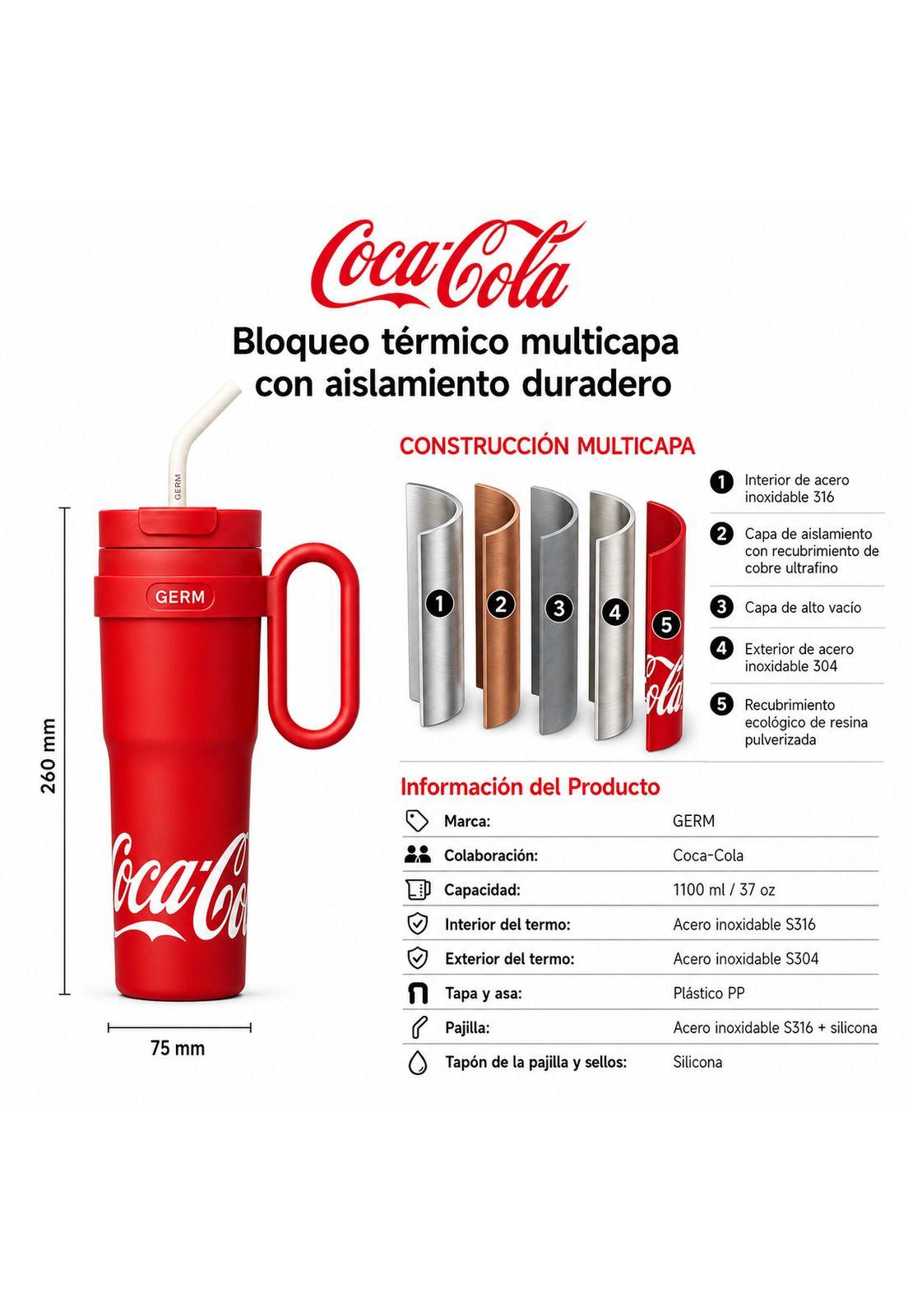 Vaso Térmico GERM Coca-Cola 1100ML RED Acero Inoxidable-4