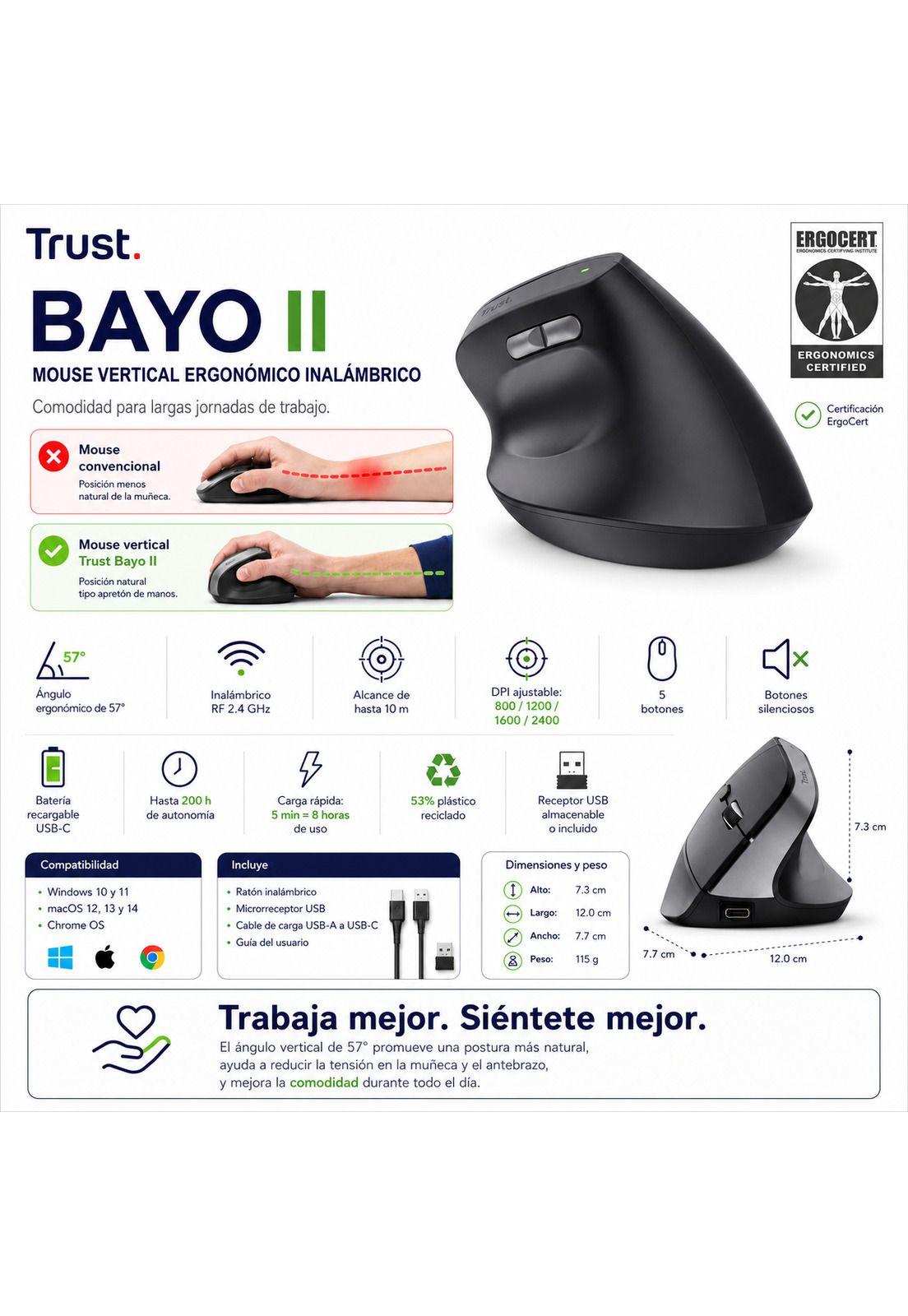 Mouse Vertical Inalámbrico Trust Bayo II Recargable Ergonomico-7