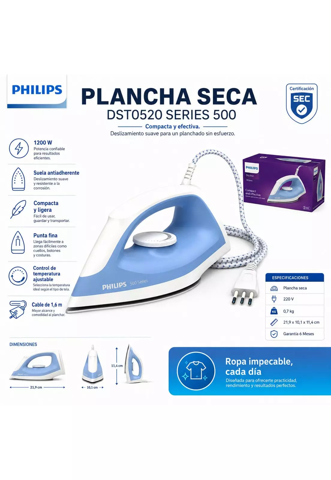 Plancha de Ropa Philips Dry Iron 1200W DST0520 SERIE 500-5