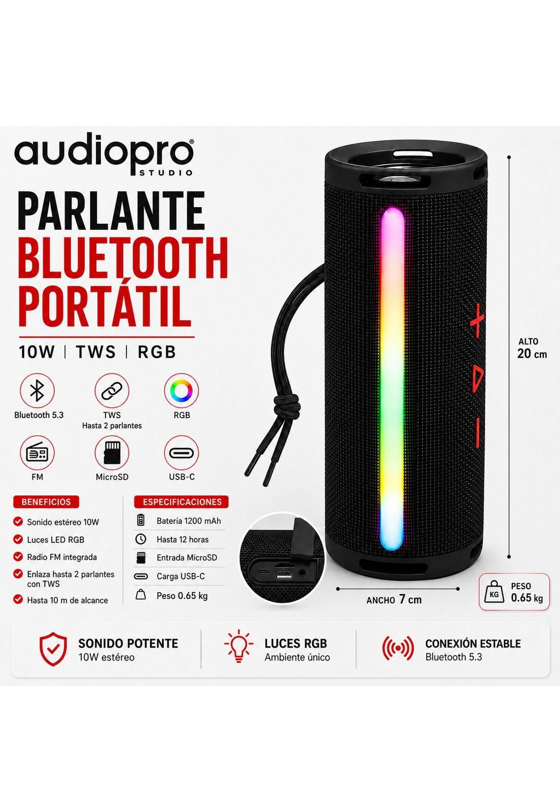 Parlante Portátil Bluetooth TWS Iluminación RGB  10W Negro 12Hrs-7