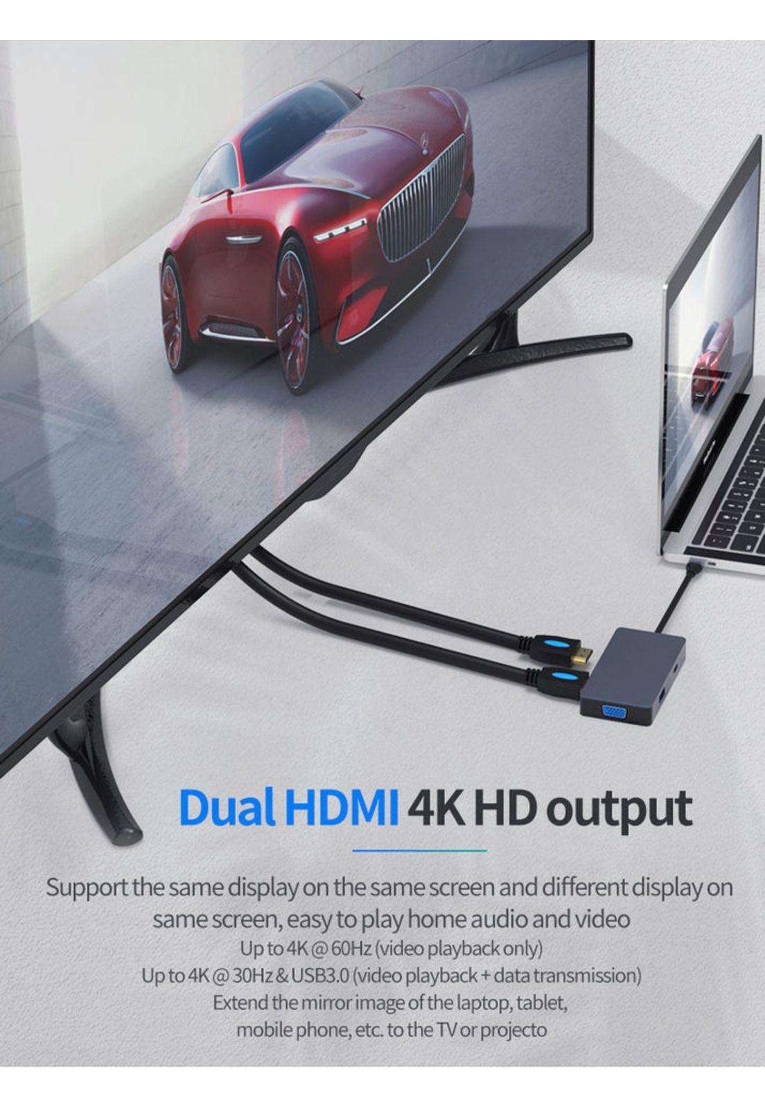Hub Adaptador Type-C (5en1) 4K HDMI X2/ VGA/ Type-C/ USB 3.0-4