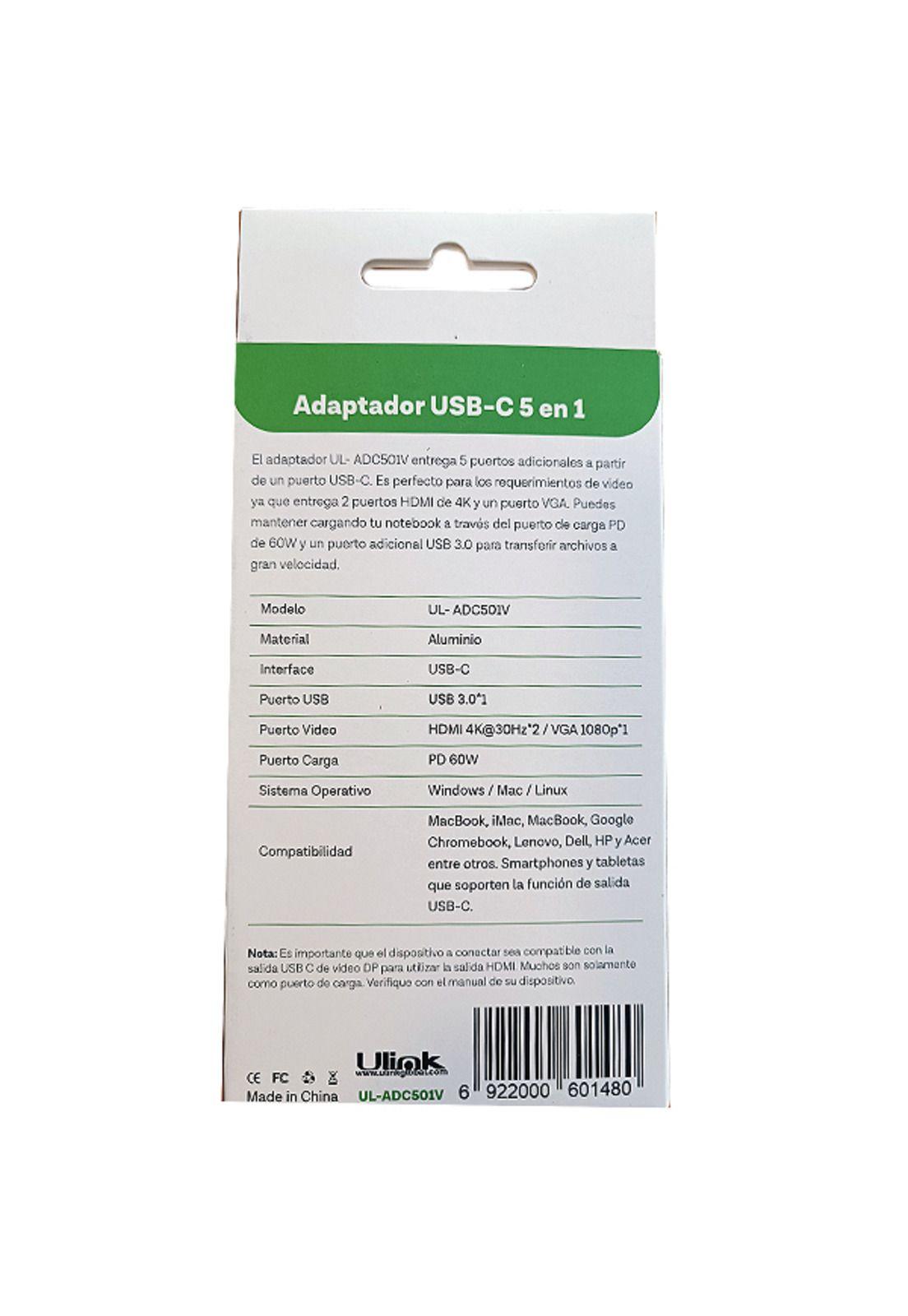 Hub Adaptador Type-C (5en1) 4K HDMI X2/ VGA/ Type-C/ USB 3.0-7