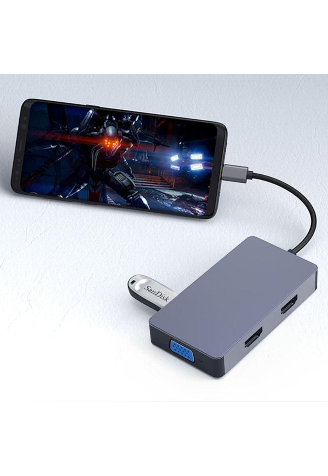 Hub Adaptador Type-C (5en1) 4K HDMI X2/ VGA/ Type-C/ USB 3.0-3