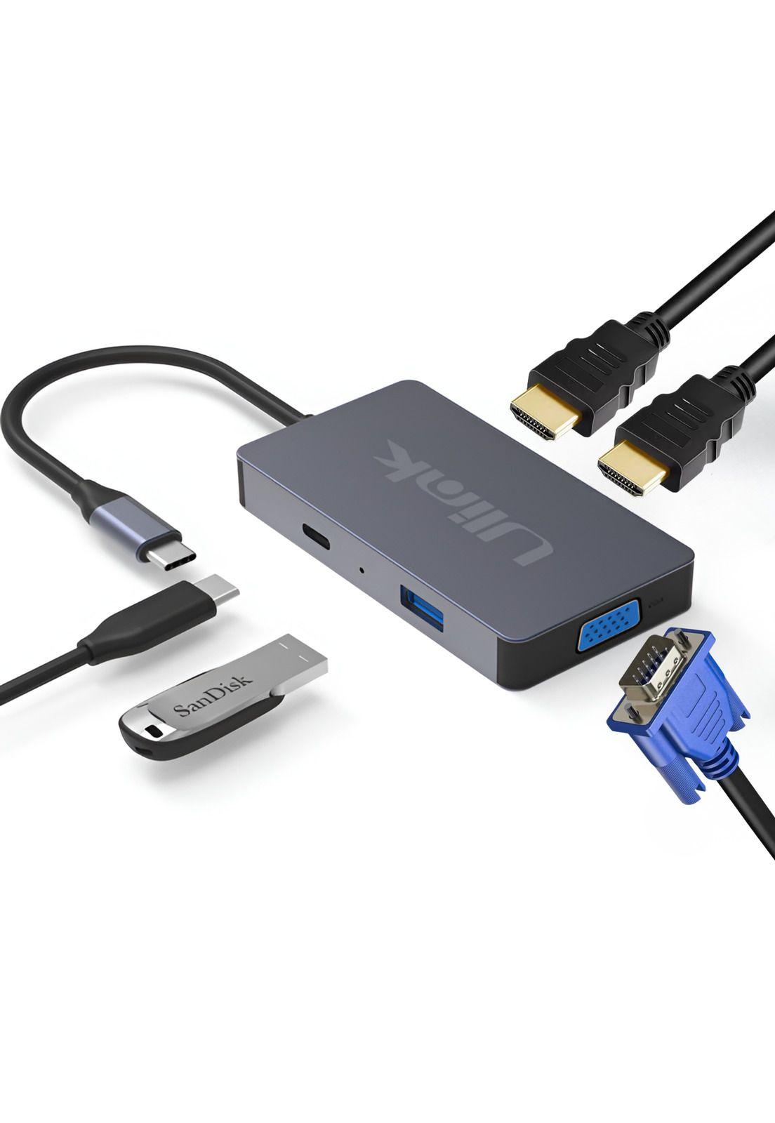 Hub Adaptador Type-C (5en1) 4K HDMI X2/ VGA/ Type-C/ USB 3.0-2