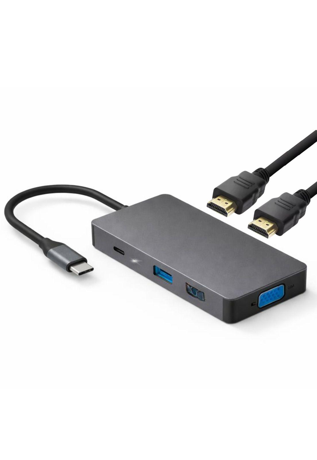 Hub Adaptador Type-C (5en1) 4K HDMI X2/ VGA/ Type-C/ USB 3.0-3